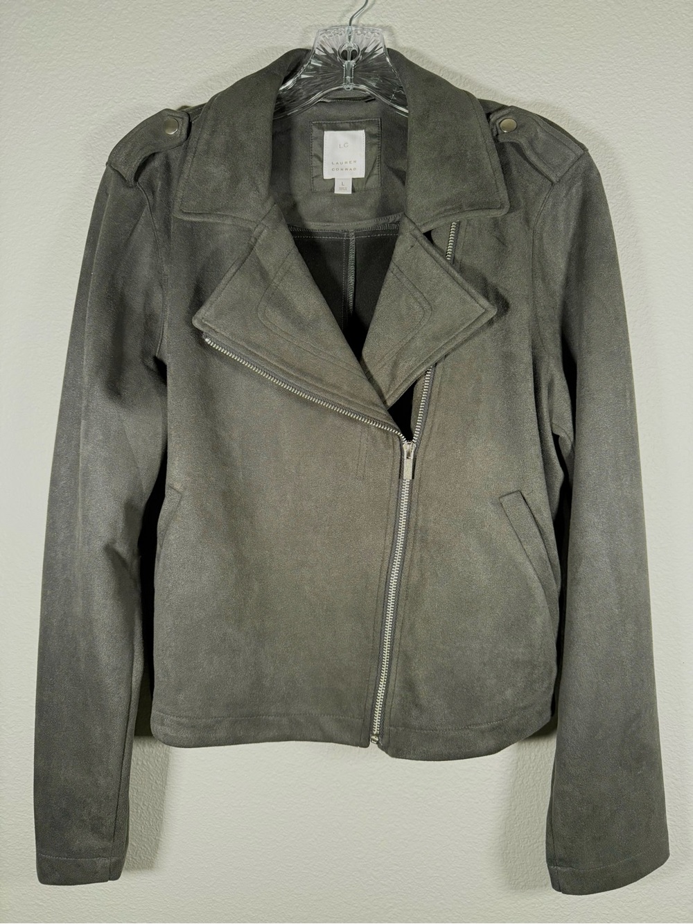 LC Lauren Conrad Women’s L Olive Green Faux Suede Moto Jacket